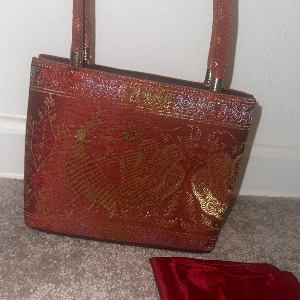 Elegant Red and Gold Peacock Bag + Scarf
